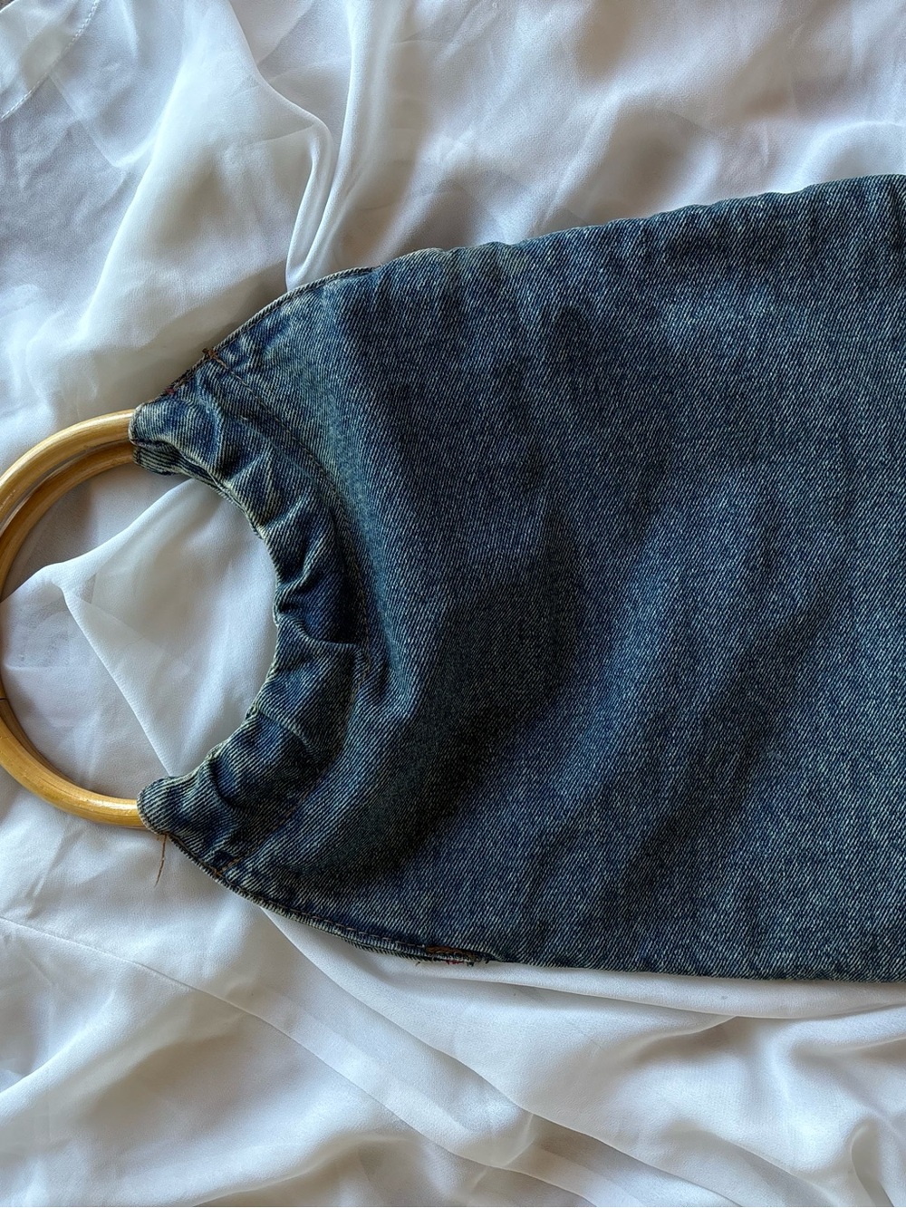 Vintage Y2K Denim Blues Upcycled Repurposed Skirt Small Hand Purse Bamboo Handle - Picture 4 of 6